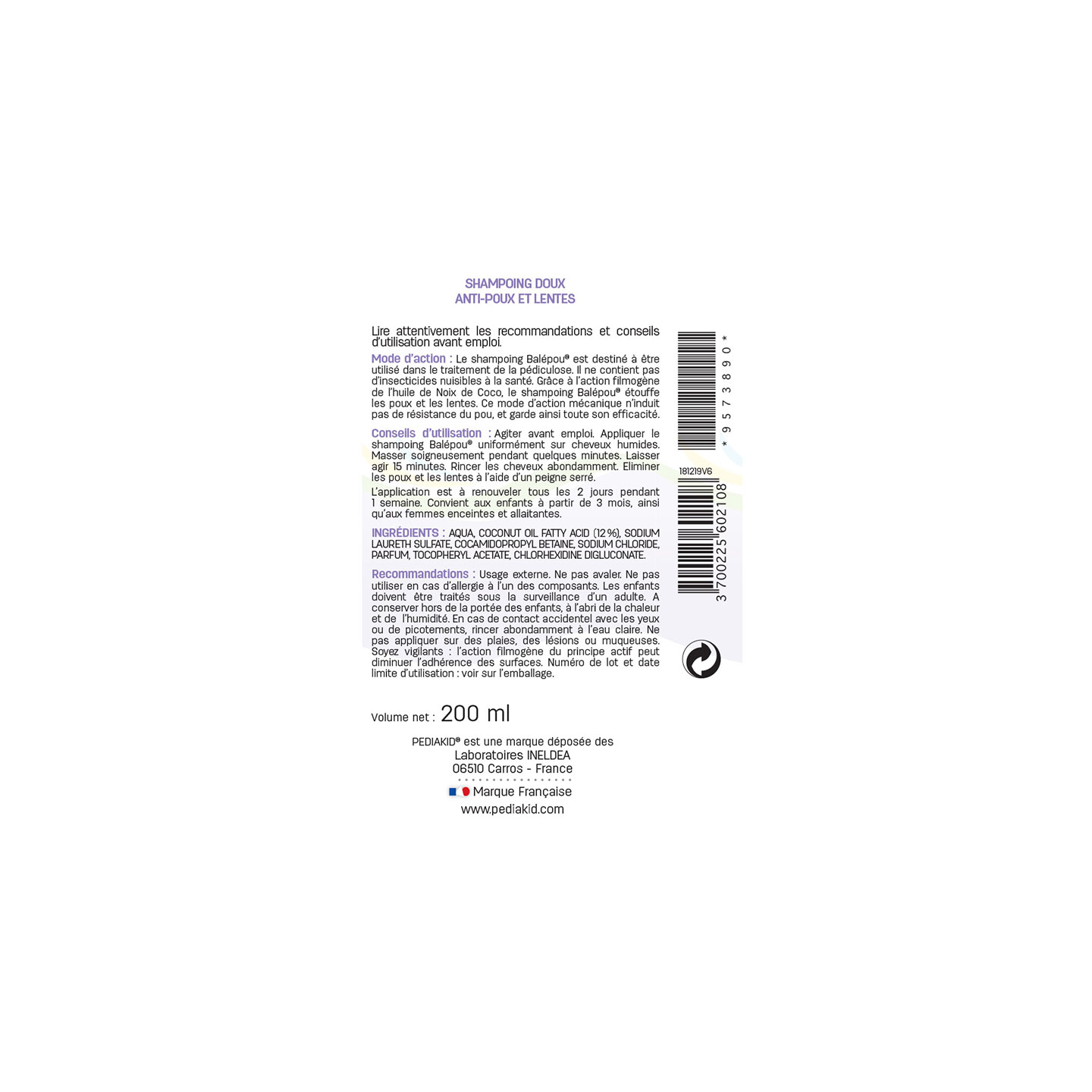 Balépou Shampoo - PEDIAKID - Flacon de 200 ml