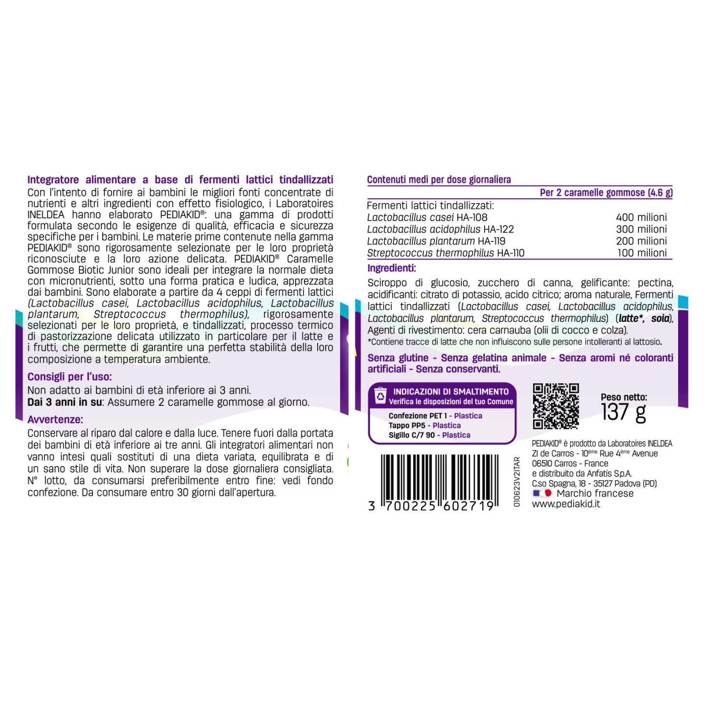 Caramelle Gommose Biotic Junior - PEDIAKID - Pillbox da 60 orsetti