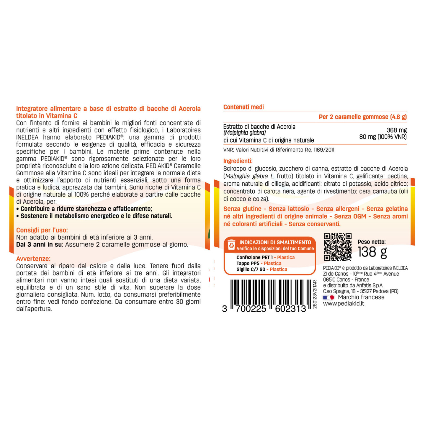 Caramelle Gommose alla Vitamina C - PEDIAKID - 60 caramelle gommose